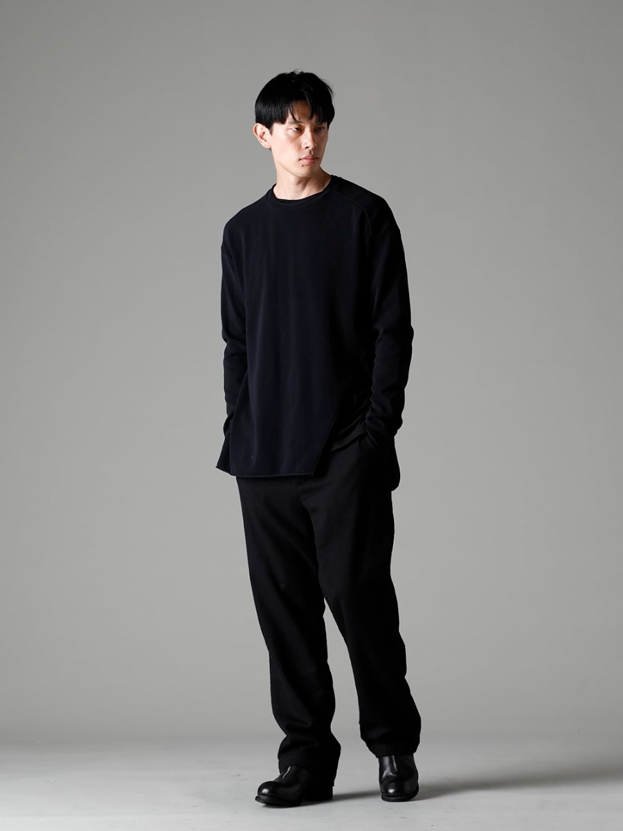 Garment Reproduction of Workers(ガーメント リプロダクション オブ ワーカース) 22-23AW(秋冬) デザインの効いたアイテムをアクセントに - New-Warped-Knit-Sew-Crew-Neck-Black ニュー ワープド ニット ソー クルー ネック ブラック - Farmers-Trousers-Wool-Black ファーマーズ トラウザー ウール ブラック - PL1 フロントジップブーツ ダブルソール - ホース フルグレイン レザー 3-002