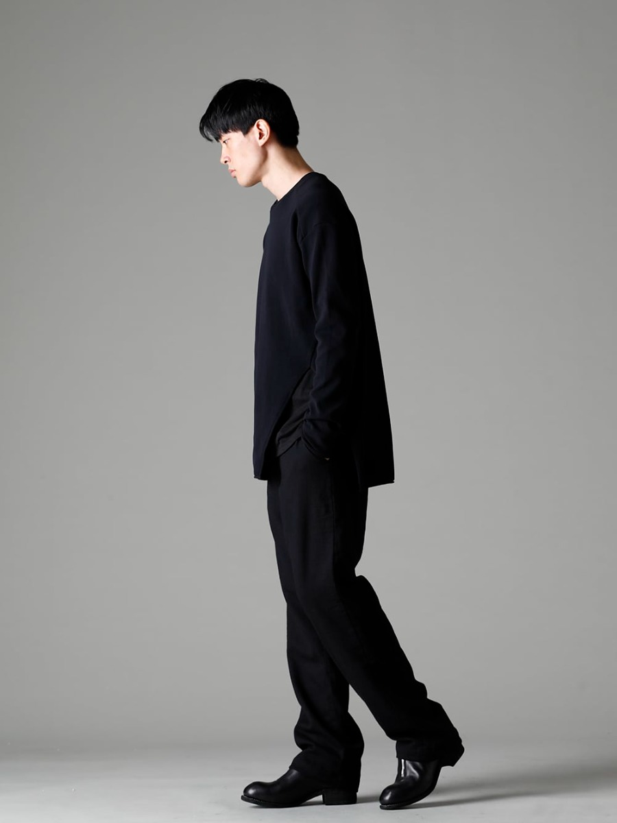 Garment Reproduction of Workers(ガーメント リプロダクション オブ ワーカース) 22-23AW(秋冬) デザインの効いたアイテムをアクセントに - New-Warped-Knit-Sew-Crew-Neck-Black ニュー ワープド ニット ソー クルー ネック ブラック - Farmers-Trousers-Wool-Black ファーマーズ トラウザー ウール ブラック - PL1 フロントジップブーツ ダブルソール - ホース フルグレイン レザー 3-003