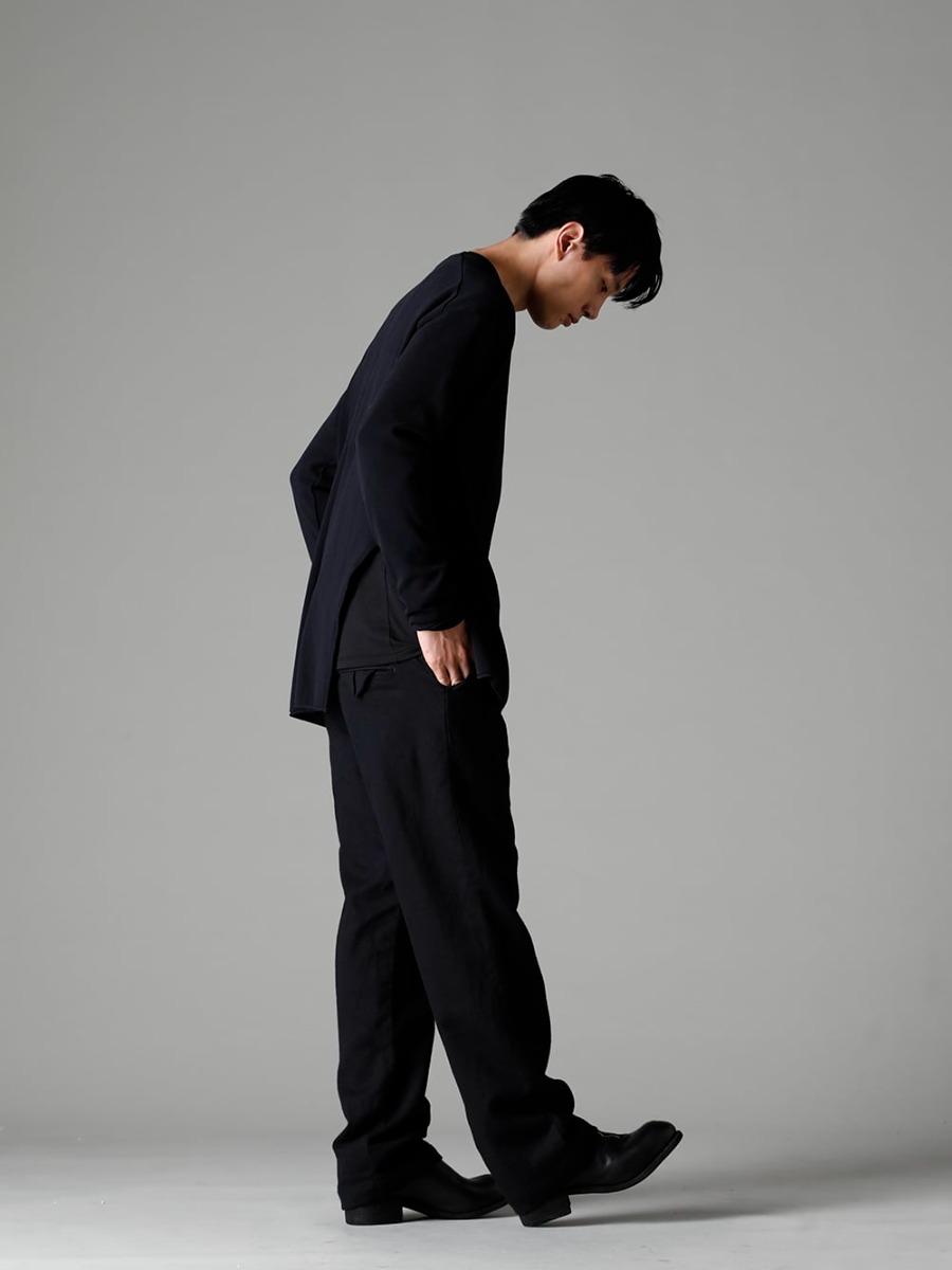Garment Reproduction of Workers(ガーメント リプロダクション オブ ワーカース) 22-23AW(秋冬) デザインの効いたアイテムをアクセントに - New-Warped-Knit-Sew-Crew-Neck-Black ニュー ワープド ニット ソー クルー ネック ブラック - Farmers-Trousers-Wool-Black ファーマーズ トラウザー ウール ブラック - PL1 フロントジップブーツ ダブルソール - ホース フルグレイン レザー 3-005