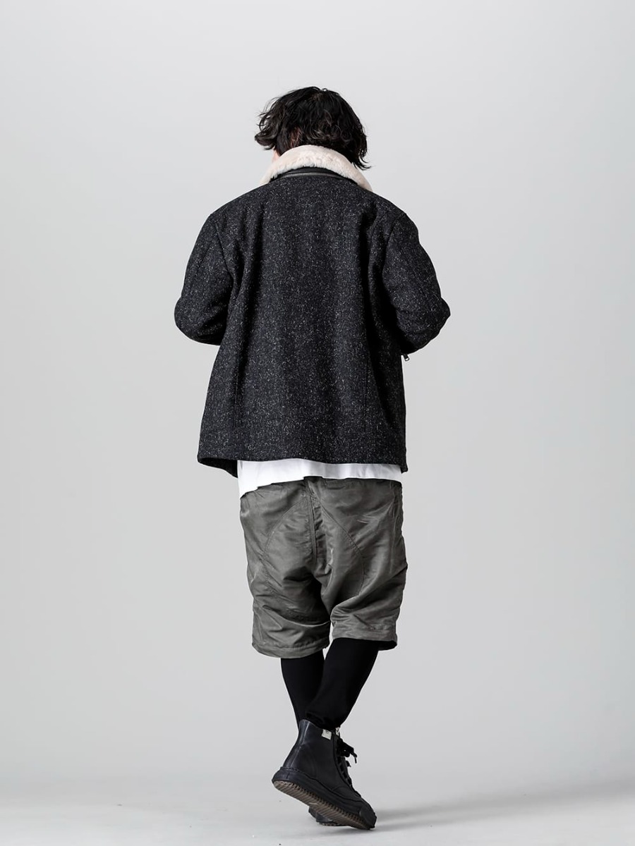 RIPVANWINKLE - リップヴァンウィンクル 2022-23AW スタイリング ツイード素材のアウターにミリタリーパンツを合わせたリップヴァンウィンクル らしいウィンタースタイル - RB-450 - ウールボア ライダース - RB-429-Vintage-Khaki - パラシュートパンツ ヴィンテージカーキ - A06FW735-black-black - オリジナルソール レザー ハイトップ スニーカー Black / Black 1-002