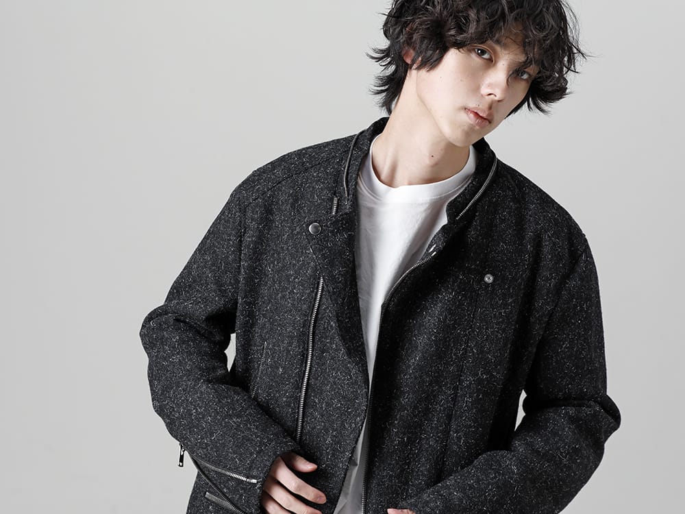 RIPVANWINKLE - リップヴァンウィンクル 2022-23AW ホワイトカラーの色味を挿し色にした前開きでラフでに着るツイードアウター  - RB-450 - ウールボア ライダース - RB-402-White - クロスジャージー L/S ホワイト 2-004