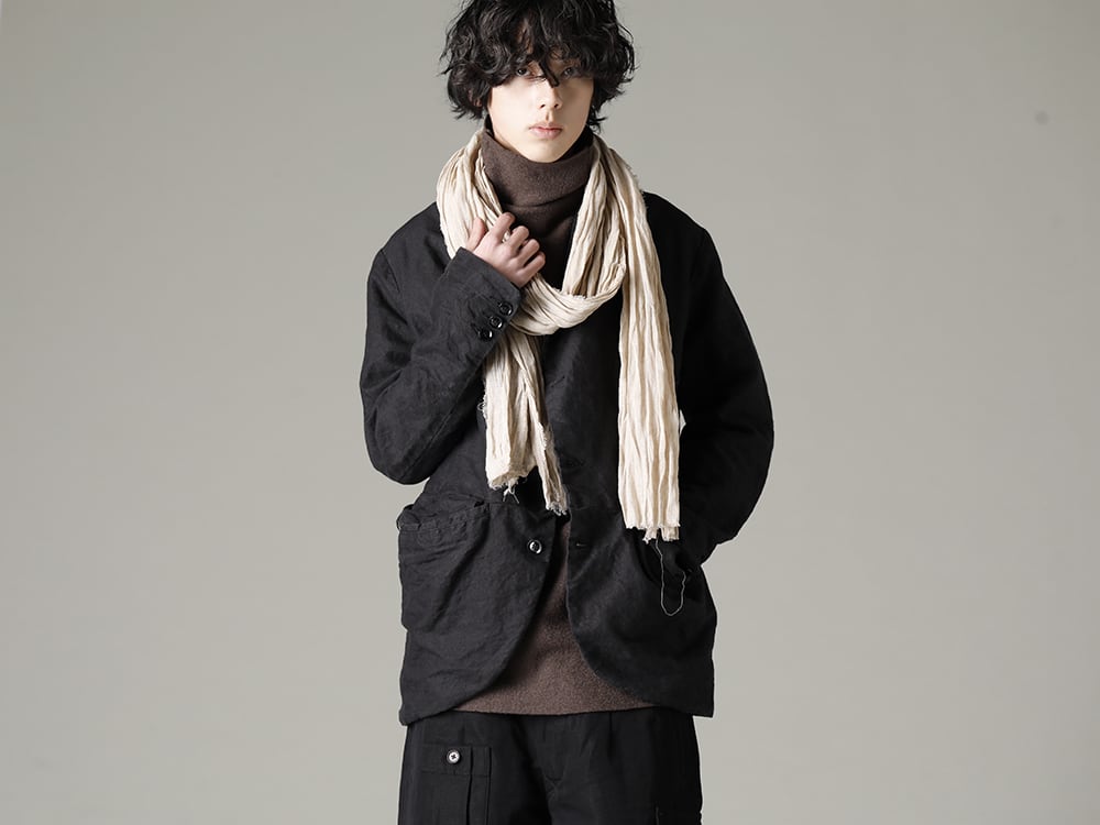 GARMENT REPRODUCTION OF WORKERS(ガーメント リプロダクション オブ ワーカース) 22-23AW(秋冬) ユニークなフロントデザインが光る -  Vincent-Jacket-Washi-Black ビンセント ジャケット 和紙 ブラック - TTW-wkp-Khaki ウールボトルネック カーキ - scarf-Beige リネンストール ベージュ