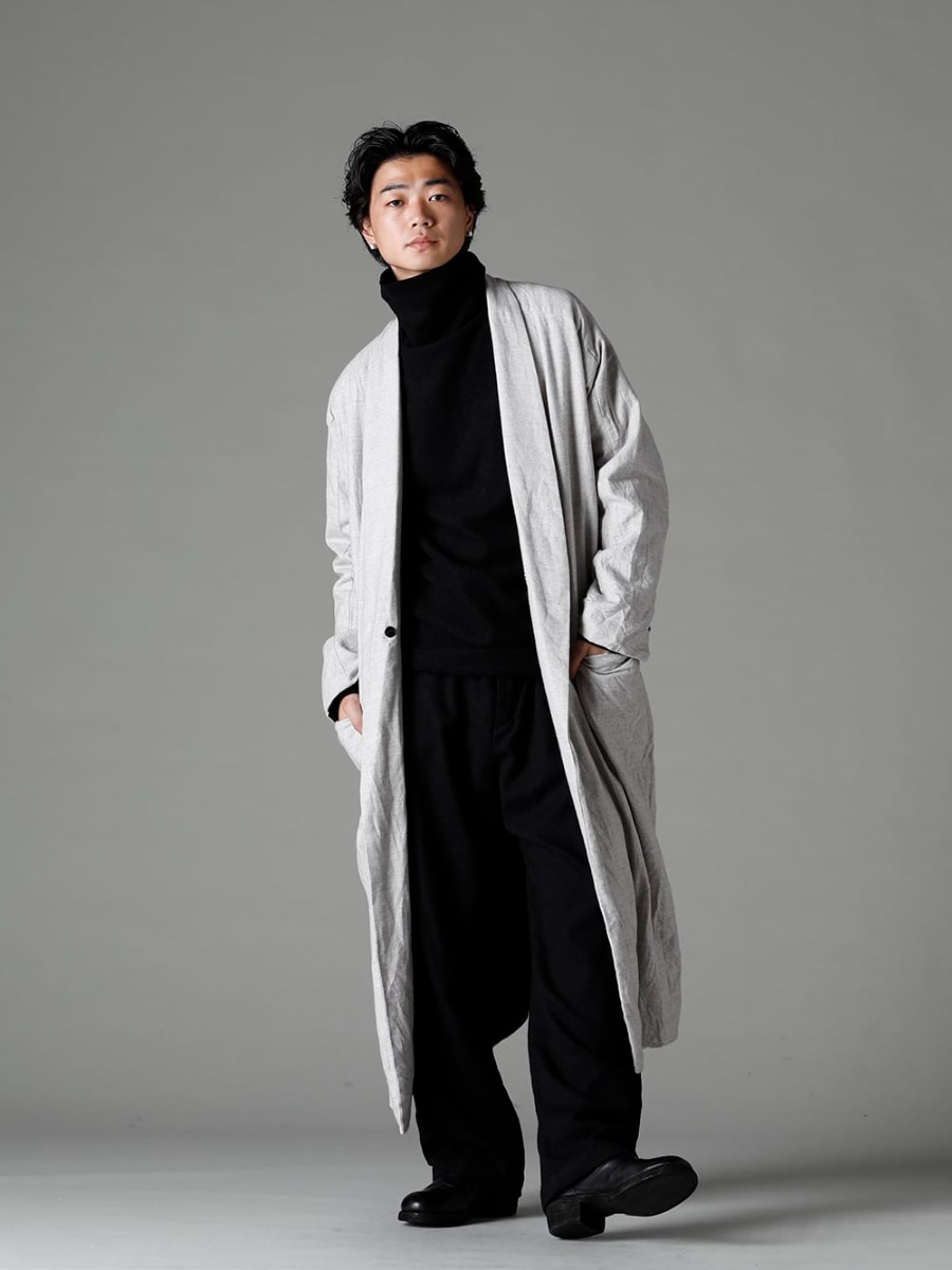 Garment Reproduction of Workers(ガーメント リプロダクション オブ ワーカース) 22-23AW(秋冬) ネル ナチュラル コーディネートパターン -  Berger-Coat-Shawl-Collar-Nel-Natural バーガー コート ショール カラー ネル ナチュラル - Bretagne-pants-Long-Wool-Black ブルターニュ パンツ ロング ウール ブラック - 788Z_H バックジップブーツ ダブルソール - ホース フルグレイン レザー