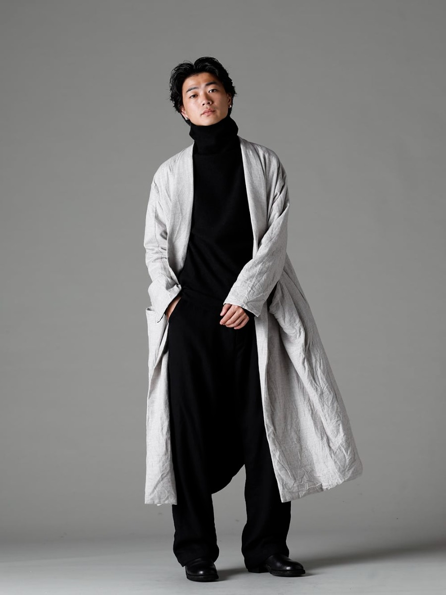 Garment Reproduction of Workers(ガーメント リプロダクション オブ ワーカース) 22-23AW(秋冬) ネル ナチュラル コーディネートパターン  - Berger-Coat-Shawl-Collar-Nel-Natural バーガー コート ショール カラー ネル ナチュラル - Bretagne-pants-Long-Wool-Black ブルターニュ パンツ ロング ウール ブラック - 788Z_H バックジップブーツ ダブルソール - ホース フルグレイン レザー 2-001