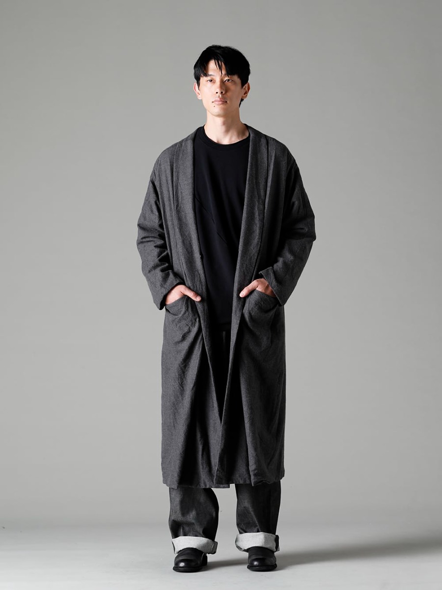 Garment Reproduction of Workers(ガーメント リプロダクション オブ ワーカース) 22-23AW(秋冬) ネル ブラック コーディネートパターン - Berger-Coat-Shawl-Collar-Nel-Black バーガー コート ショール カラー ネル ブラック - 22C-79PK5-BEAUFORT 5ポケット ワーカーズ - 10oz ブラック デニム - 788Z_H バックジップブーツ ダブルソール - ホース フルグレイン レザー 3-001