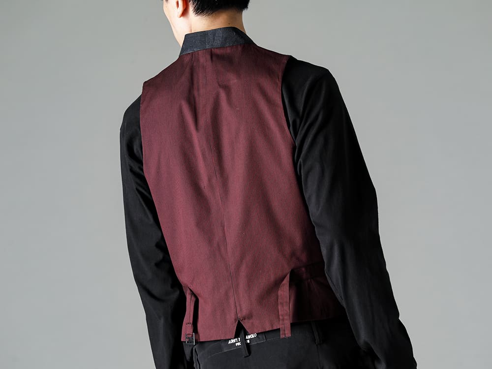 Yohji Yamamoto-ヨウジヤマモト 23SS(春夏) プリントアイテムながらもシックさも兼ね備えたプリントベスト - HZ-V08-030-インドラ柄襟付きベスト - HZ-P14-500-2タックミッドビッグパンツ - Handsewn-Classic-Lo-ハンドソーン クラシック ロー 3-006