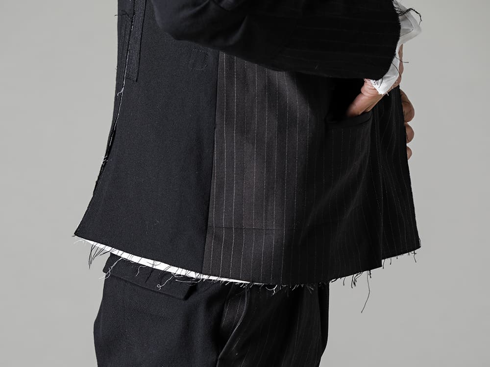 DUELLUM-デュエラム 22−23AW(秋冬) ブランドの初期からデザインのベースにしているパッチワークをアクセントにしたワークテイストのクラシックなジャケット  - DUE-V-058-JAK-パッチドバンドカラージャケット - DUE-V-066-TEE-パッチド ビースト セーター 2-002