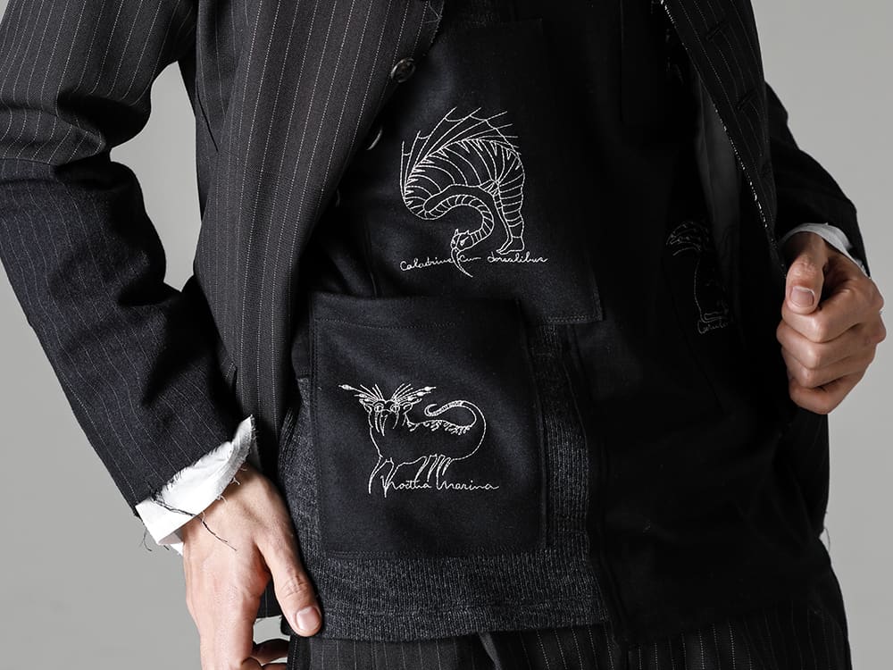 DUELLUM-デュエラム 22−23AW(秋冬) ブランドの初期からデザインのベースにしているパッチワークをアクセントにしたワークテイストのクラシックなジャケット  - DUE-V-058-JAK-パッチドバンドカラージャケット - DUE-V-066-TEE-パッチド ビースト セーター 2-004