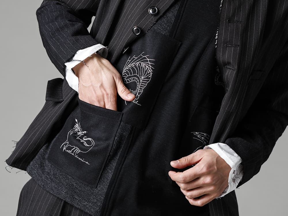 DUELLUM-デュエラム 22−23AW(秋冬) ブランドの初期からデザインのベースにしているパッチワークをアクセントにしたワークテイストのクラシックなジャケット  - DUE-V-058-JAK-パッチドバンドカラージャケット - DUE-V-066-TEE-パッチド ビースト セーター 2-005