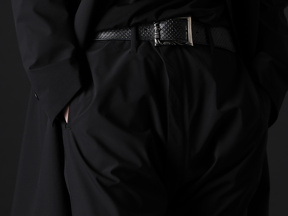 THE ONENESS / kiryuyrik / JULIUS 2023AW - Slim pants that can be worn as a set up - OB-OHP07-901(Recycled PEs Darts Saruel Pants) 807FWM1(Cow Velor Lace Up Combat Boots) KM-IAC42-03(Pin Buckle Silver x Black) KM-HBLT02-05PYSN(Belt Python) - 3-001