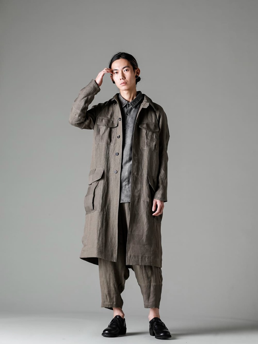 DEVOA 23SS スタイリング Styling based on earth colors, using linen fabric with a different structure, pants made of the same material as the coat, and a gray shirt as innerwear - CTI-BMMC Coat Linen combination SHN-MSLR Shirt Modal/silk PTN-LMSB Relaxed Pants Linen Combination Classic Derby Shoes Lace Up Double Sole - Horse Full Grain - 792Z 3-006