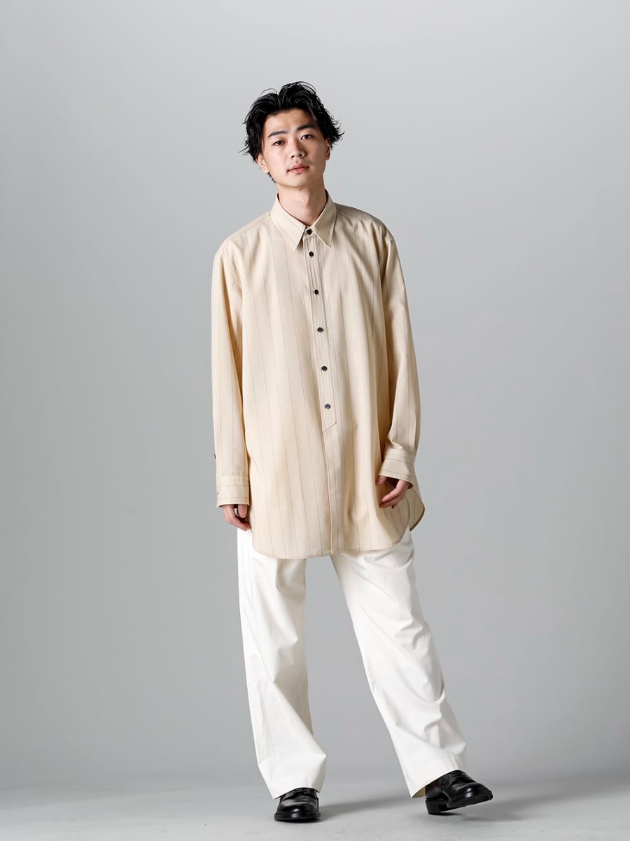 IRENISA 2023SS Styling - IRENISA Middle-Length Shirt Beige Stripe Spring Style! A fresh striped shirt style that brings out the spring feeling! - IH-23SS-B021-MTS - Middle Length Shirt Beige Stripe - IH-23SS-P022-CSS-Ivory - Semi Flared Relaxed Pants Ivory - IH-22SS-S001-RC - Leather Shoes 1-001