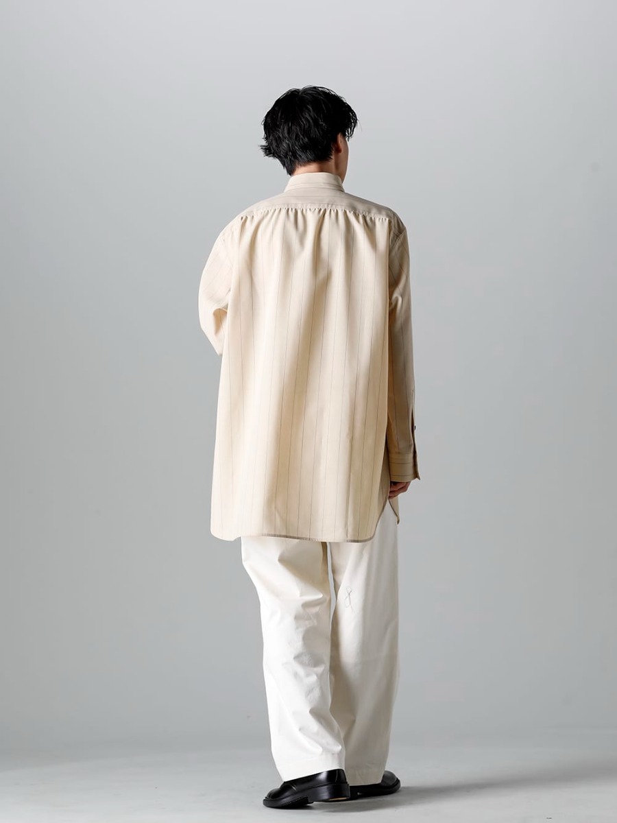 IRENISA 2023SS Styling A fresh striped shirt style that brings out the spring feeling! - IH-23SS-B021-MTS - Middle Length Shirt Beige Stripe - IH-23SS-P022-CSS-Ivory - Semi Flared Relaxed Pants Ivory - IH-22SS-S001-RC - Leather Shoes 1-003