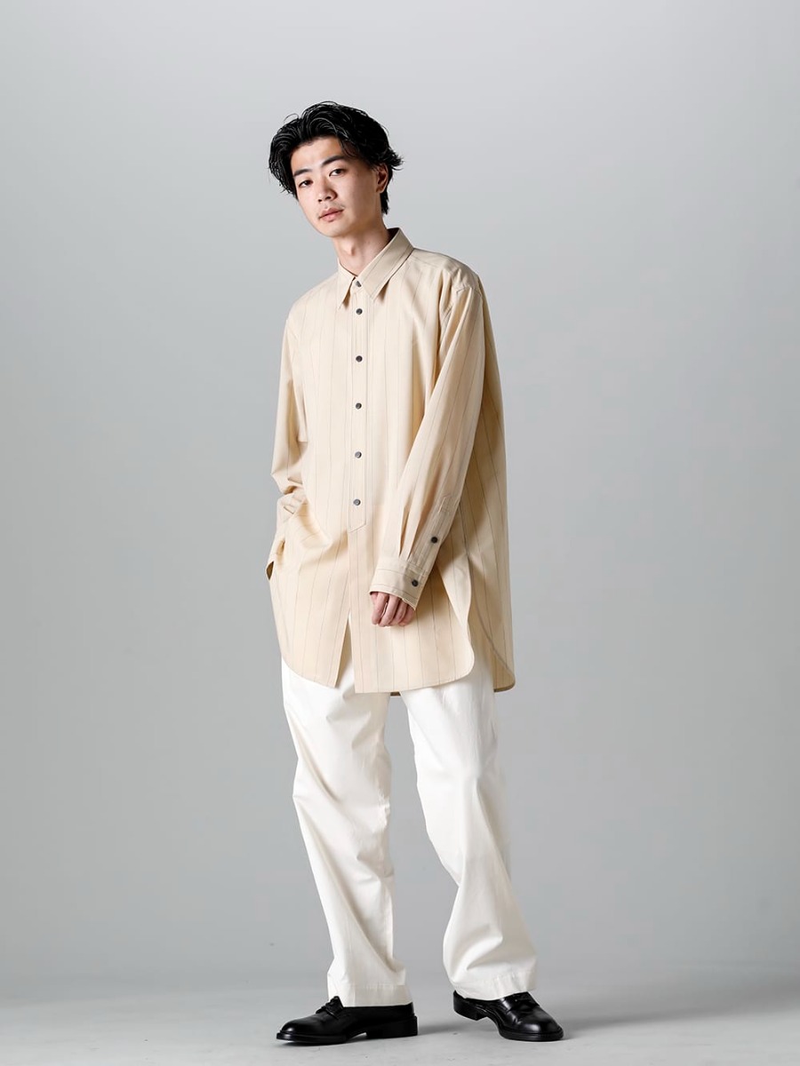IRENISA 2023SS - IH-23SS-B021-MTS - Middle Length Shirt Beige Stripe - IH-23SS-P022-CSS-Ivory - Semi Flared Relaxed Pants Ivory - IH-22SS-S001-RC - Leather Shoes  4-001