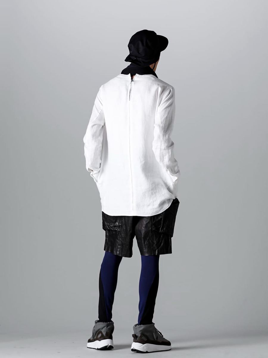 RIPVANWINKLE - リップヴァンウィンクル 2023SS スタイリング リネン素材をプルオーバータイプでリリースしたソリッドシャツL/S - RW-505-Euro White - ソリッドシャツ L/S ユーロ ホワイト - RW-522 - バイカラー ストール - RW-518-Black × Navy - バイカラー レギンス ブラック × ネイビー 1-003