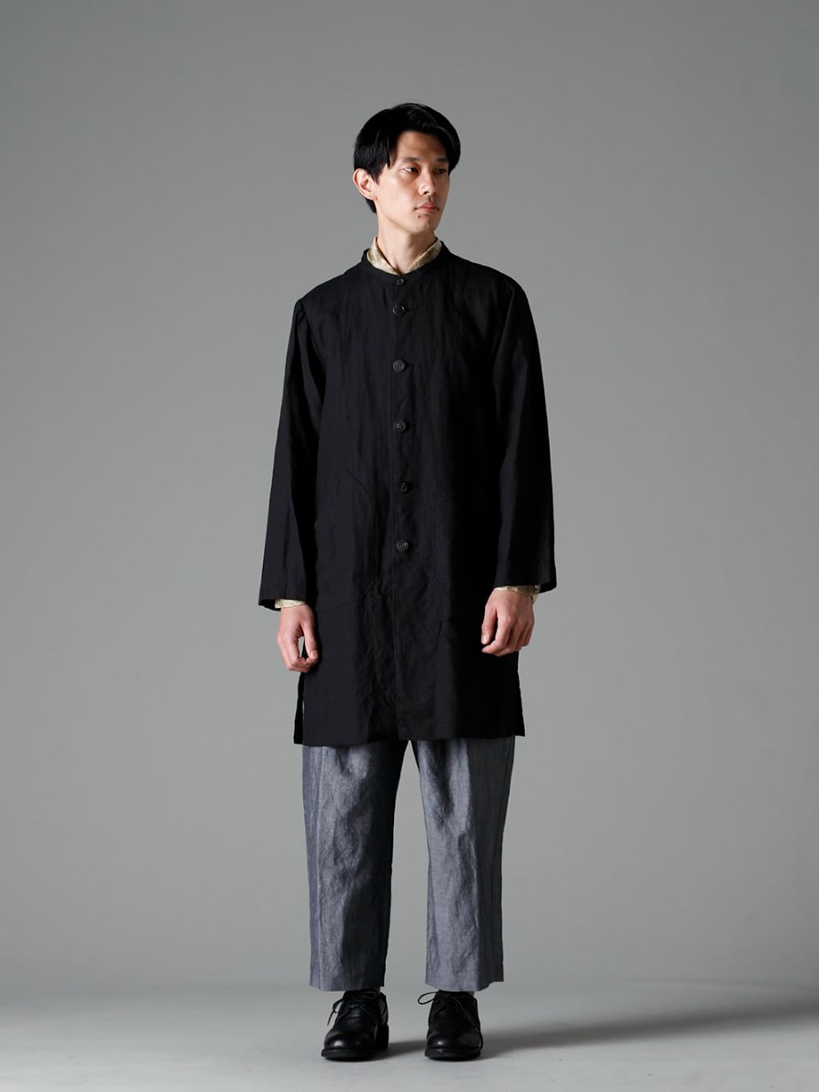 NOUSAN 23SS - Highly usable lightweight coat - Enjoy the atmosphere of supple Belgian linen. - atlier atelier：Stand Collar Coat - shirt-Leaf-Print Reguler Collar Shirt (Leaf Print) - ankle ankle：2-Tuck Wide Pants - 792Z Classic Derby Shoes Double Sole - Horse Full Grain Leather 1-001