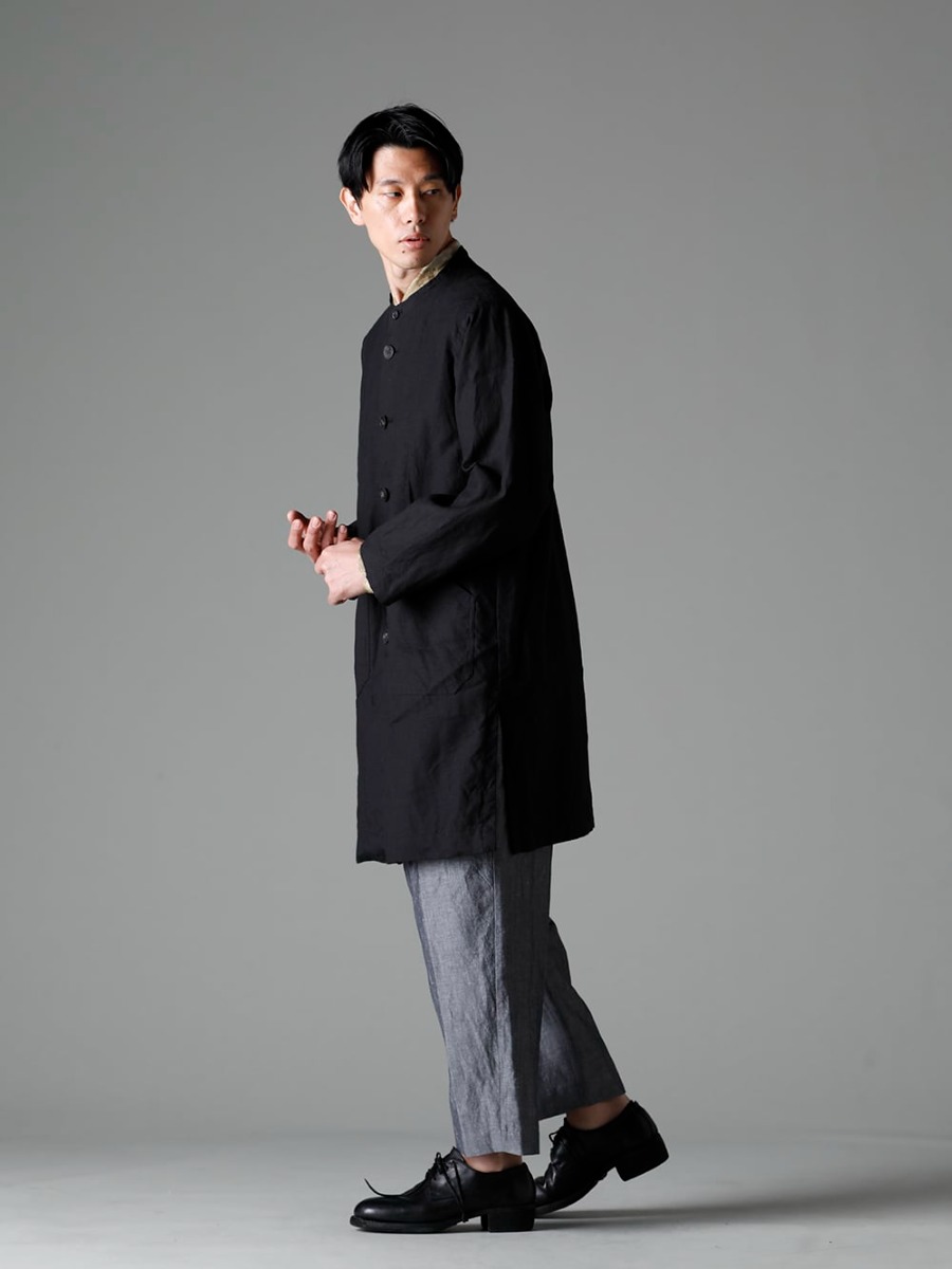 NOUSAN 23SS Enjoy the atmosphere of supple Belgian linen. - atlier atelier：Stand Collar Coat - shirt-Leaf-Print Reguler Collar Shirt (Leaf Print) - ankle ankle：2-Tuck Wide Pants - 792Z Classic Derby Shoes Double Sole - Horse Full Grain Leather 1-005