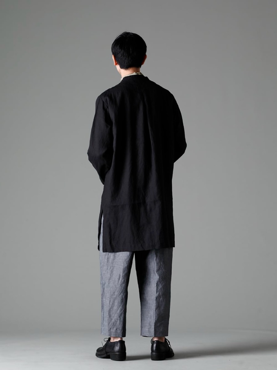 NOUSAN 23SS Enjoy the atmosphere of supple Belgian linen. - atlier atelier：Stand Collar Coat - shirt-Leaf-Print Reguler Collar Shirt (Leaf Print) - ankle ankle：2-Tuck Wide Pants - 792Z Classic Derby Shoes Double Sole - Horse Full Grain Leather 1-005