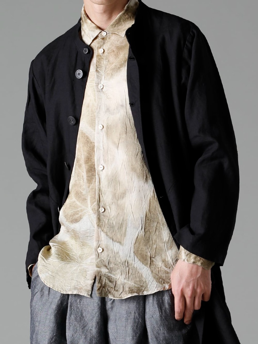 NOUSAN 23SS Coordination with a touch of subtlety - atlier atelier：Stand Collar Coat - shirt-Leaf-Print Reguler Collar Shirt (Leaf Print) - ankle ankle：2-Tuck Wide Pants 3-005