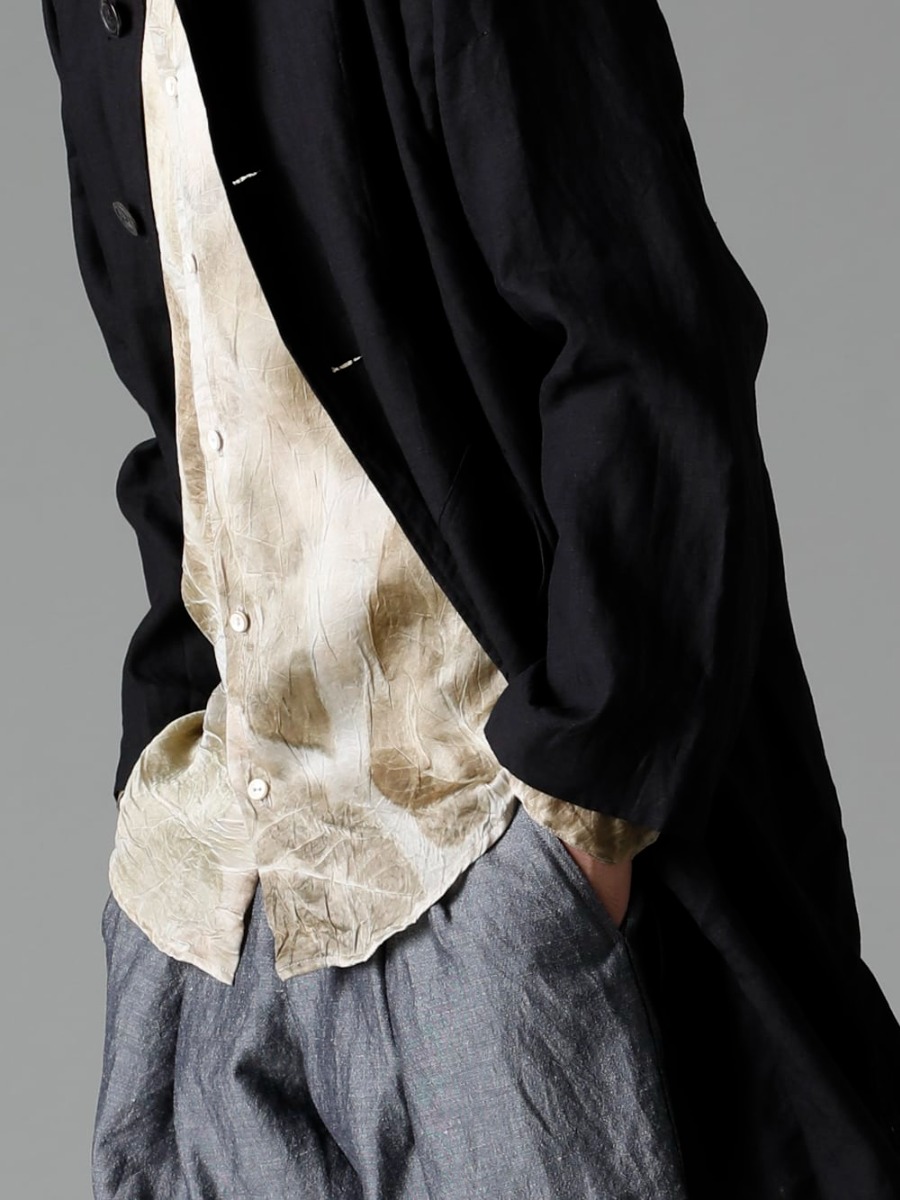 NOUSAN 23SS Coordination with a touch of subtlety - atlier atelier：Stand Collar Coat - shirt-Leaf-Print Reguler Collar Shirt (Leaf Print) - ankle ankle：2-Tuck Wide Pants 3-006