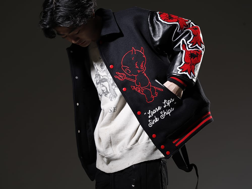 SAINT MICHAEL 2023SS Stadium jacket with eye-catching patch design everywhere - SM-A22-0000-034(DEVIL Varsity Jacket Black) SM-S23-0000-042(Rose Sweat shirt) - 2-001