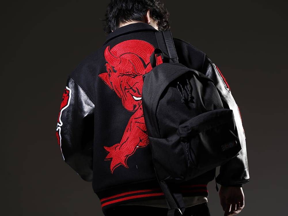 SAINT MICHAEL 2023SS Stadium jacket with eye-catching patch design everywhere - SM-A22-0000-034(DEVIL Varsity Jacket Black) SM-S23-0000-076(BACKPACK BAG (M) Black) - 2-003