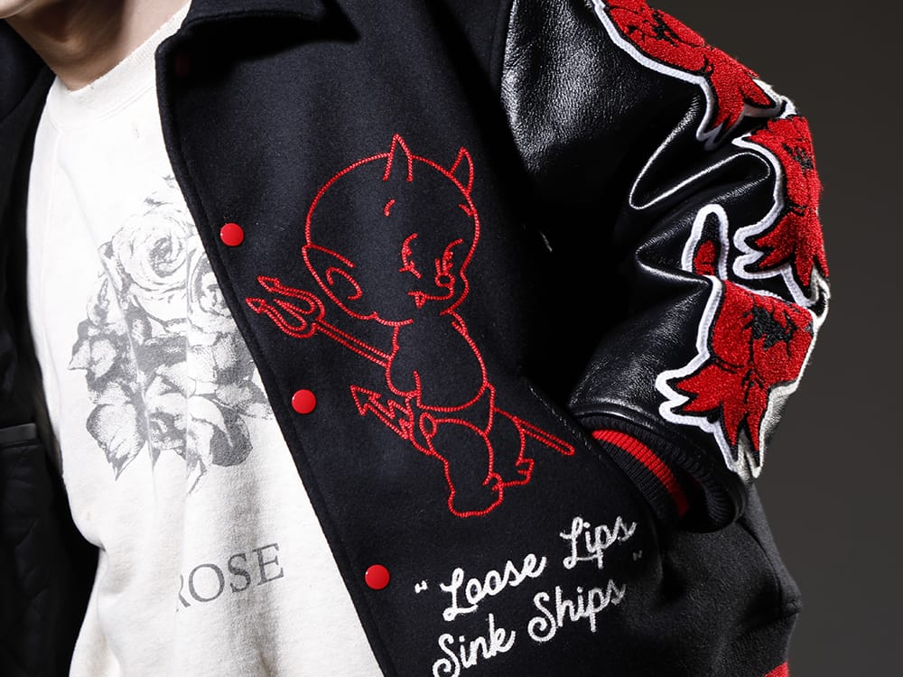 SAINT MICHAEL 2023SS Stadium jacket with eye-catching patch design everywhere - SM-A22-0000-034(DEVIL Varsity Jacket Black) SM-S23-0000-042(Rose Sweat shirt) - 2-004