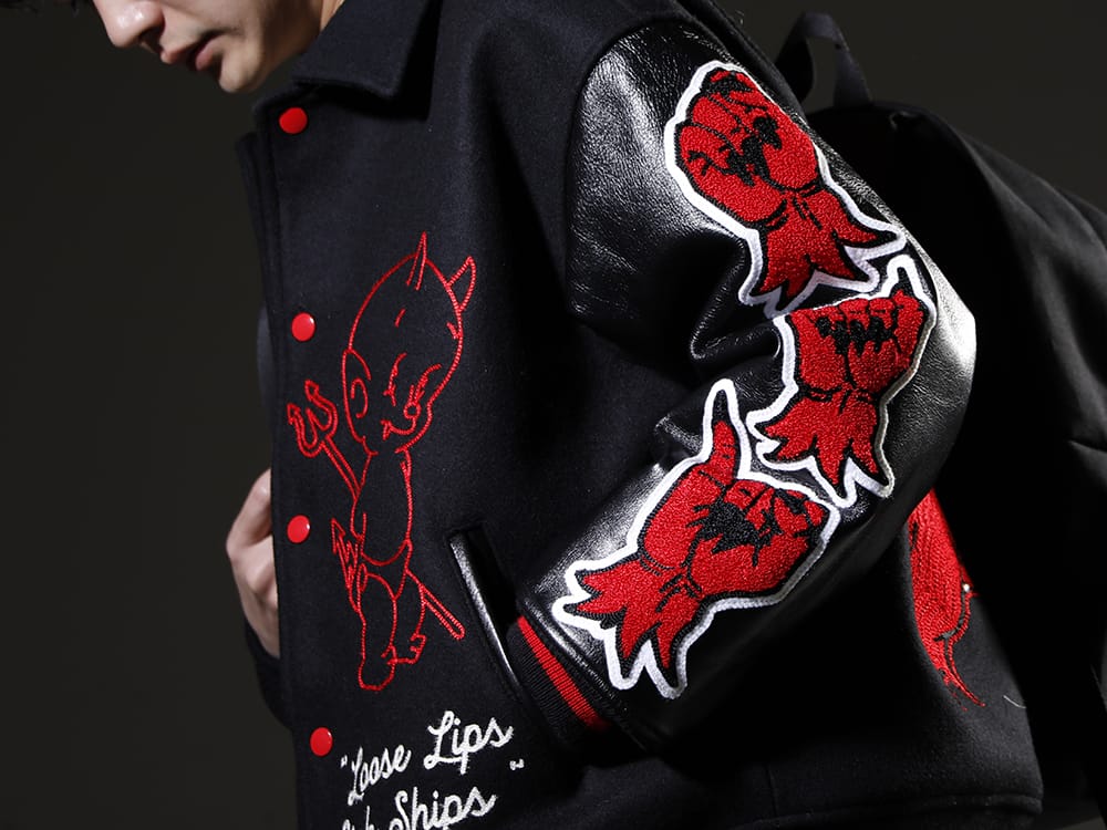 SAINT MICHAEL 2023SS Stadium jacket with eye-catching patch design everywhere - SM-A22-0000-034(DEVIL Varsity Jacket Black) - 2-006