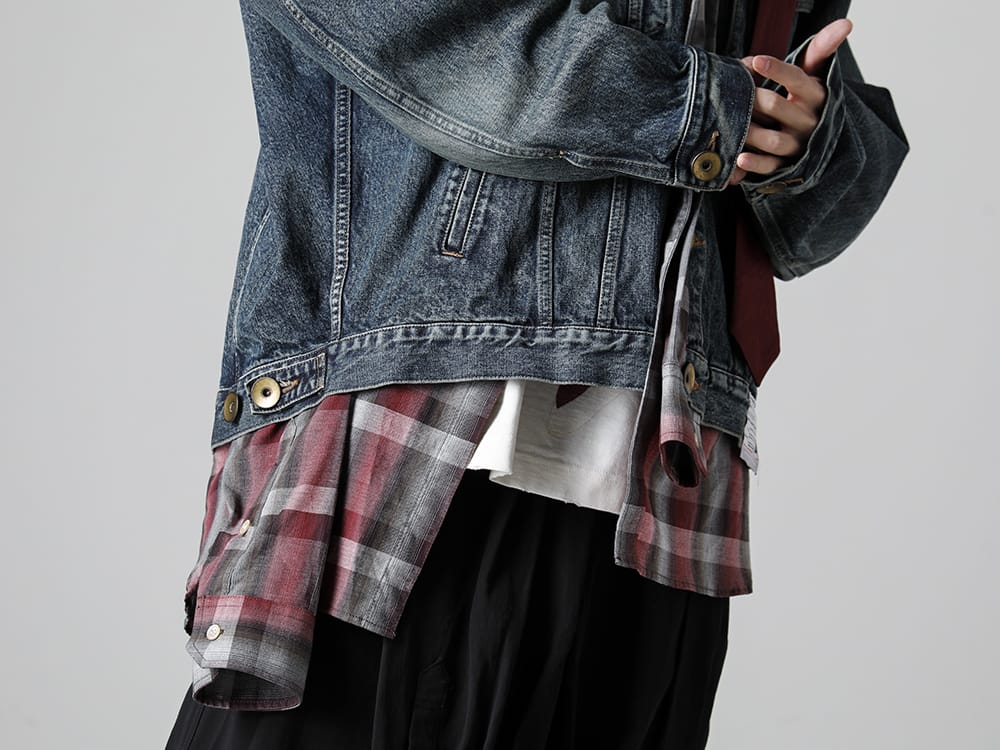 Maison MIHARAYASUHIRO - 2023SS Denim jacket with a unique docking design that will make you look twice!  - A10BL023 - Mix Layered Denim Jacket - A10PT064 - Mixed Shirts Easy Trousers  2-006