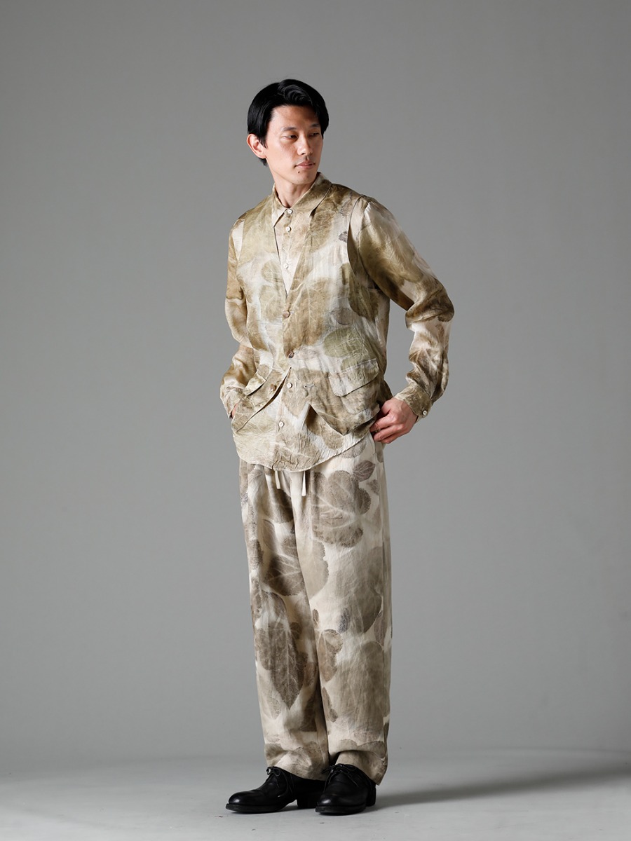 NOUSAN 23SS A unique fabric with a long history of plant dyeing. - 3-B gilet-Leaf Print 3B gilet (Leaf Print) - shirt-Leaf-Print Reguler Collar Shirt (Leaf Print) - villa-A-23SS-Leaf Print villa：Wide Easy Pants (Leaf Print) - 792Z Classic Derby Shoes Double Sole - Horse Full Grain Leather 1-002