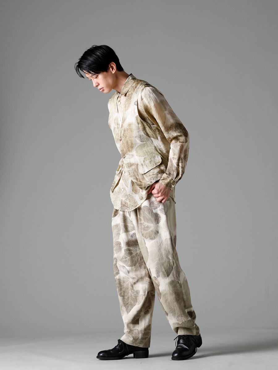 NOUSAN 23SS A unique fabric with a long history of plant dyeing. - 3-B gilet-Leaf Print 3B gilet (Leaf Print) - shirt-Leaf-Print Reguler Collar Shirt (Leaf Print) - villa-A-23SS-Leaf Print villa：Wide Easy Pants (Leaf Print) - 792Z Classic Derby Shoes Double Sole - Horse Full Grain Leather 1-003
