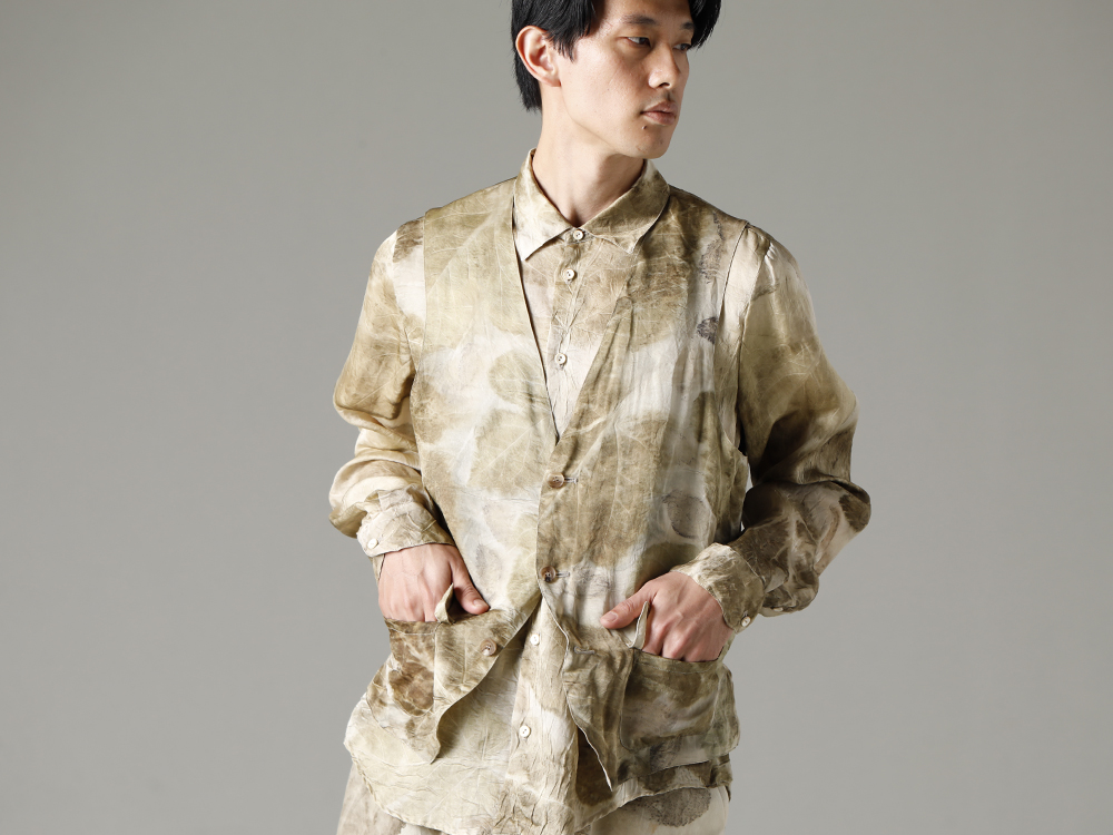 NOUSAN 23SS Giving new value to flood-damaged silk fabrics.  - 3-B gilet-Leaf Print 3B gilet (Leaf Print) - shirt-Leaf-Print Reguler Collar Shirt (Leaf Print) 2-002