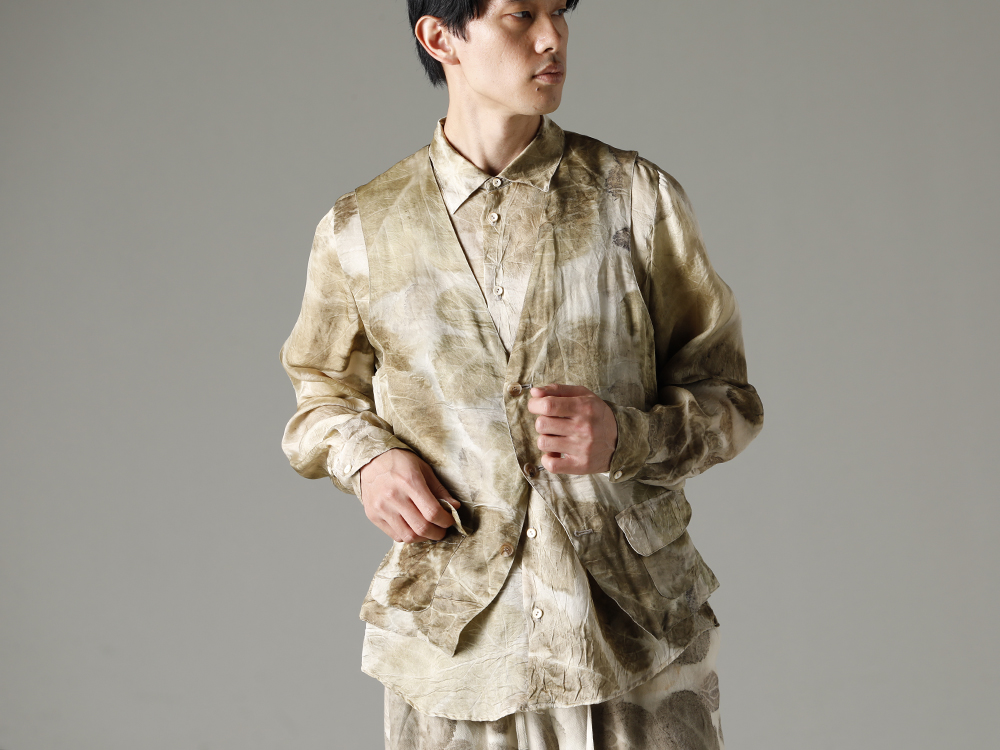 NOUSAN 23SS Giving new value to flood-damaged silk fabrics.  - 3-B gilet-Leaf Print 3B gilet (Leaf Print) - shirt-Leaf-Print Reguler Collar Shirt (Leaf Print) 2-003
