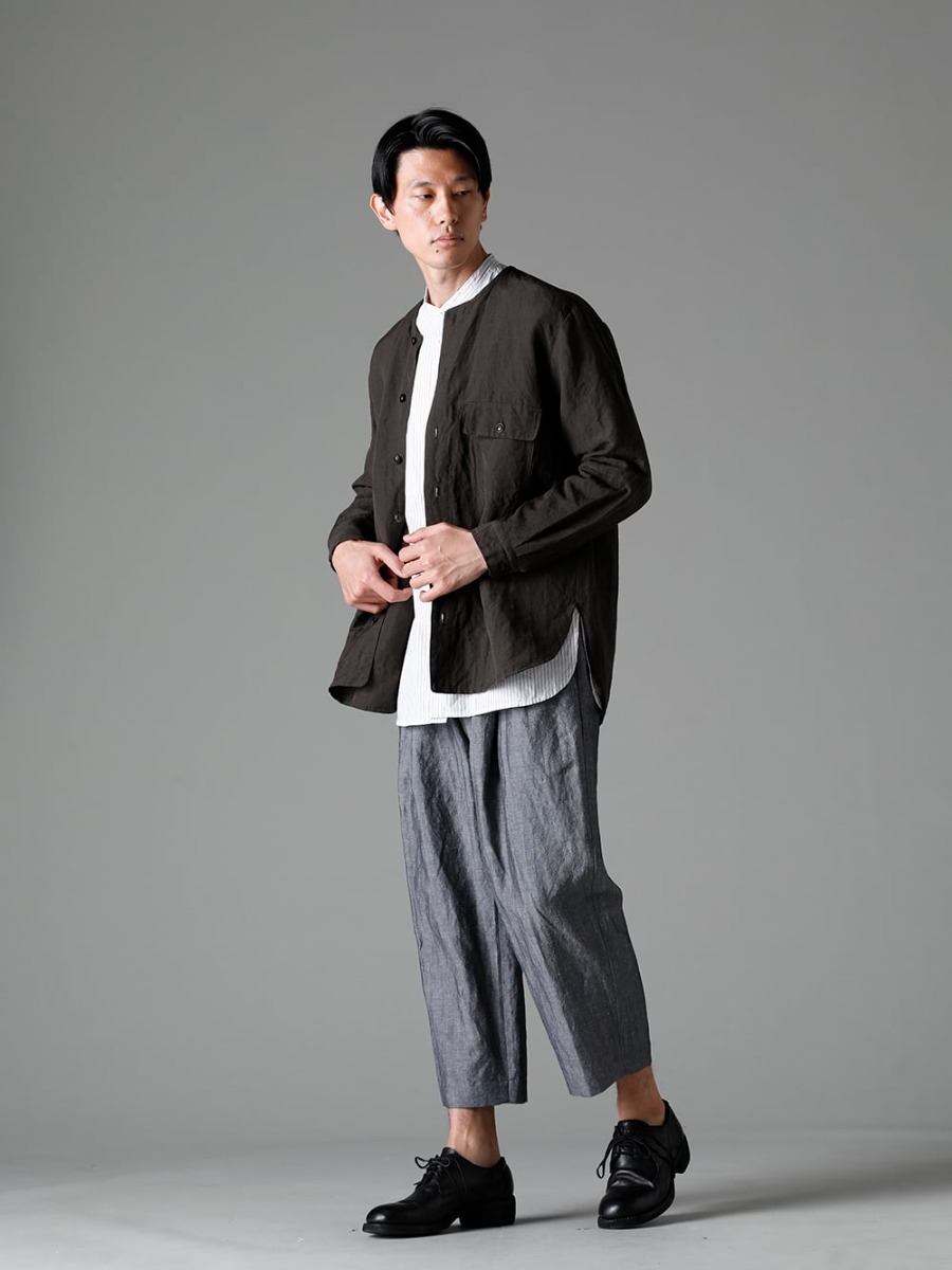 NOUSAN(ノウザン) 23SS(春夏) 定番アイテムを新たなアプローチでリリース - collarless pocket shirt ノーカラー ポケットシャツ - stand coller shirt スタンドカラーシャツ - ankle アンクル:2タックワイドパンツ - 792Z クラシック ダービーシューズ レースアップ ダブルソール - ホース フルグレイン - 792Z 1-002
