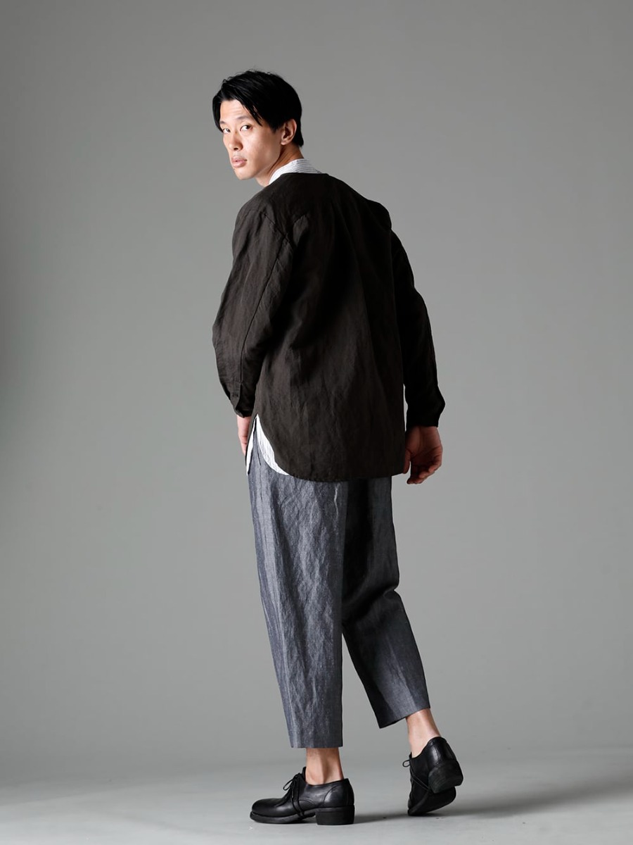 NOUSAN(ノウザン) 23SS(春夏) 定番アイテムを新たなアプローチでリリース - collarless pocket shirt ノーカラー ポケットシャツ - stand coller shirt スタンドカラーシャツ - ankle アンクル:2タックワイドパンツ - 792Z クラシック ダービーシューズ レースアップ ダブルソール - ホース フルグレイン - 792Z 1-004