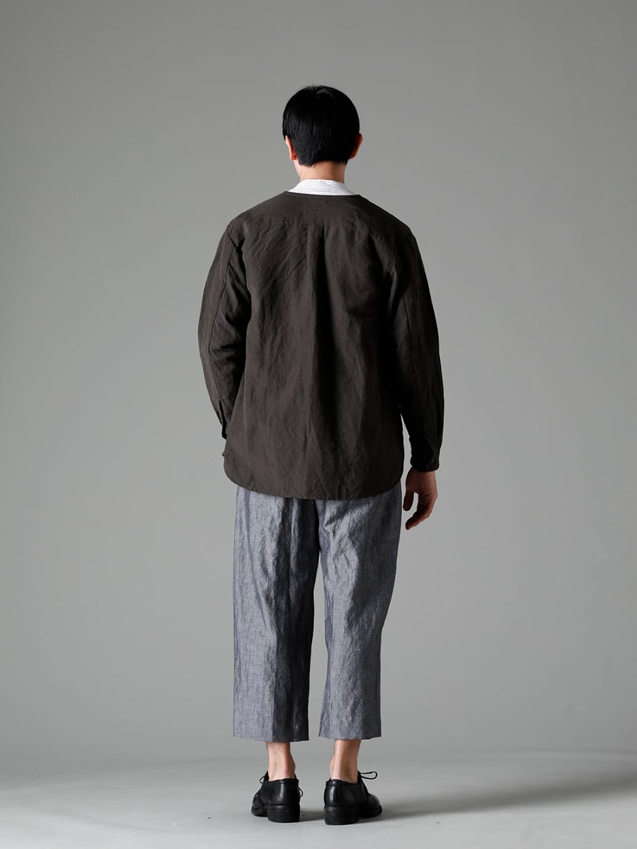 NOUSAN(ノウザン) 23SS(春夏) 定番アイテムを新たなアプローチでリリース - collarless pocket shirt ノーカラー ポケットシャツ - stand coller shirt スタンドカラーシャツ - ankle アンクル:2タックワイドパンツ - 792Z クラシック ダービーシューズ レースアップ ダブルソール - ホース フルグレイン - 792Z 1-005