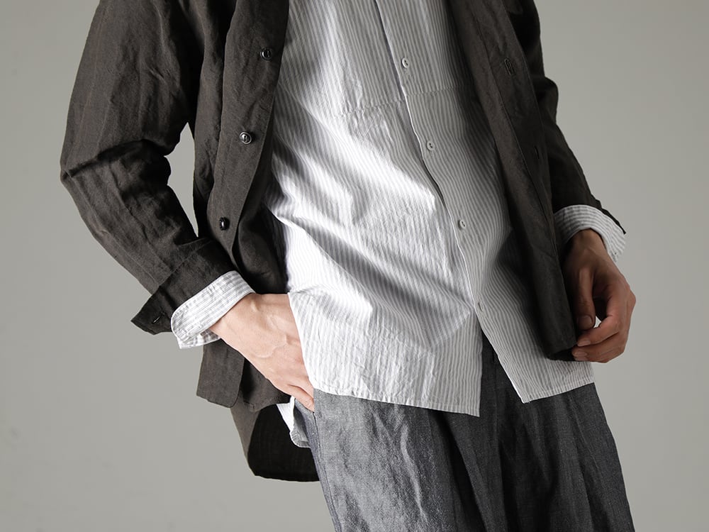 NOUSAN(ノウザン) 23SS(春夏) スタイリングの完成度を上げる基盤に - collarless pocket shirt ノーカラー ポケットシャツ - stand coller shirt スタンドカラーシャツ - ankle アンクル:2タックワイドパンツ 3-007