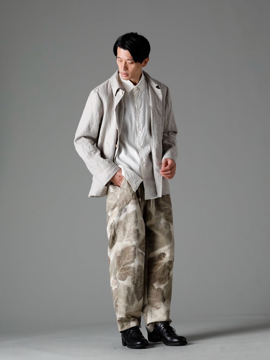 NOUSAN 23SS Linen outerwear completes a mature look with a cool texture. - vincent vincent：Fly Front Short Jacket - shirt Reguler Collar Shirt - villa-A-23SS-Leaf Print villa：Wide Easy Pants (Leaf Print) - 792Z Classic Derby Shoes Double Sole - Horse Full Grain Leather 1-002
