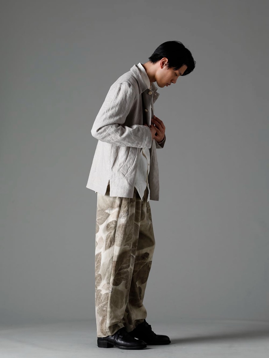 NOUSAN 23SS Linen outerwear completes a mature look with a cool texture. - vincent vincent：Fly Front Short Jacket - shirt Reguler Collar Shirt - villa-A-23SS-Leaf Print villa：Wide Easy Pants (Leaf Print) - 792Z Classic Derby Shoes Double Sole - Horse Full Grain Leather 1-003
