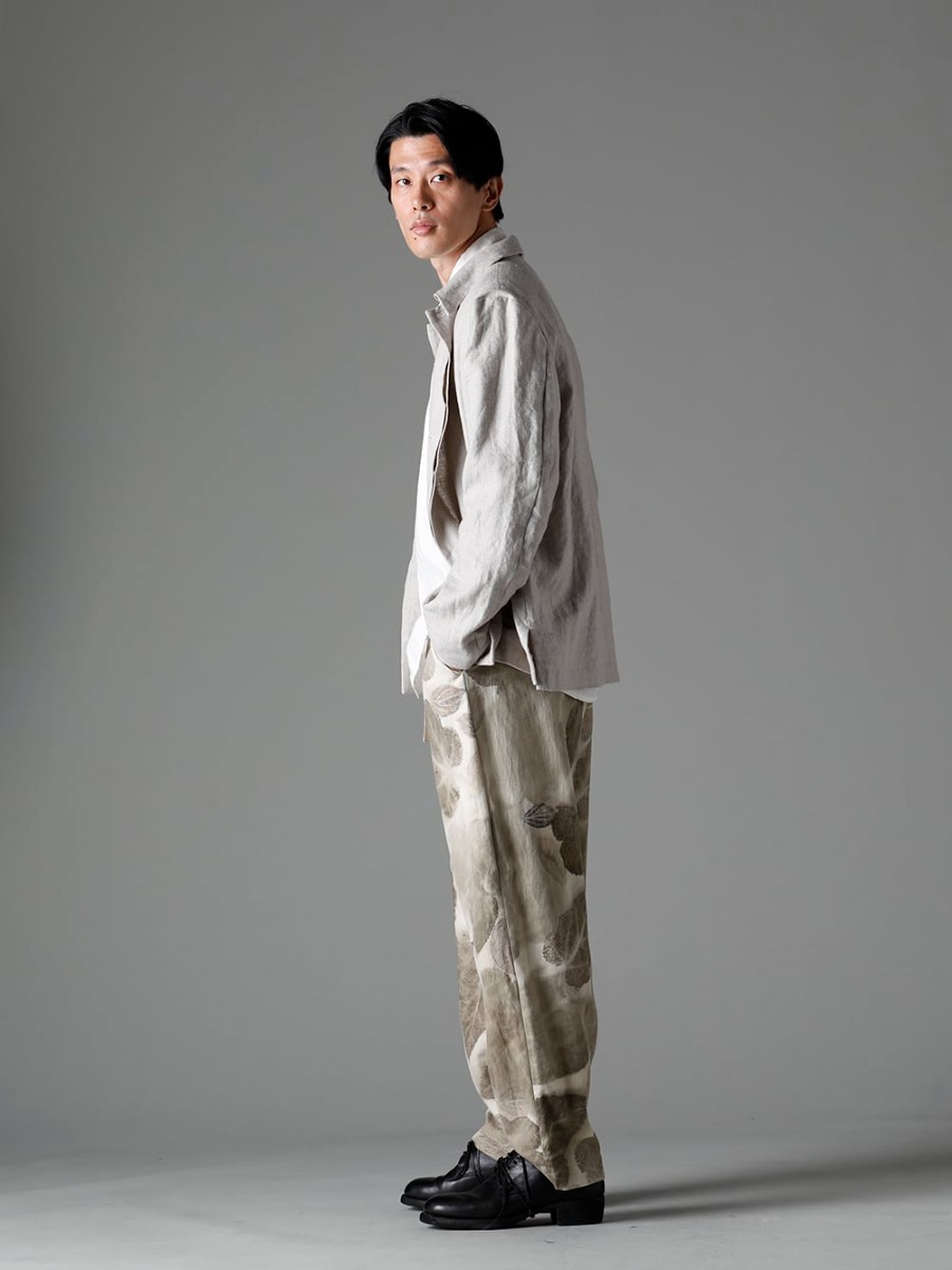 NOUSAN 23SS Linen outerwear completes a mature look with a cool texture. - vincent vincent：Fly Front Short Jacket - shirt Reguler Collar Shirt - villa-A-23SS-Leaf Print villa：Wide Easy Pants (Leaf Print) - 792Z Classic Derby Shoes Double Sole - Horse Full Grain Leather 1-005