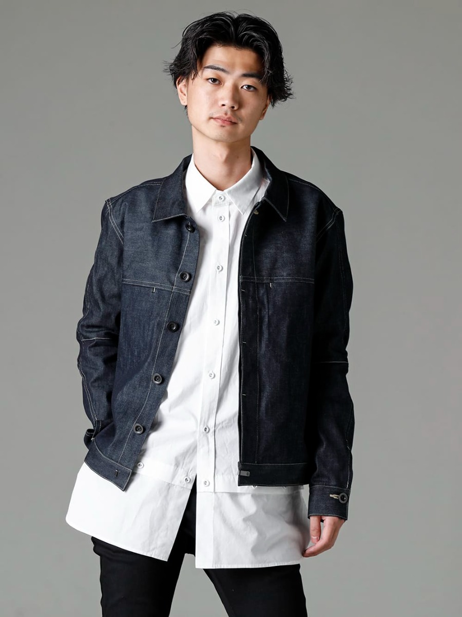 The Viridi-anne - ザ ヴィリジアン 2023SS カジュアルライクなIndigoカラー  - 10.5ozのストレッチデニムを使用したゆったりシルエットのデニムジャケット。 VI-3574-06-Indigo - デニムジャケット インディゴ - VI-3581-02 - デタッチャブル シャツ - VI-3575-04-Black - デニム スリム パンツ ブラック 2-001