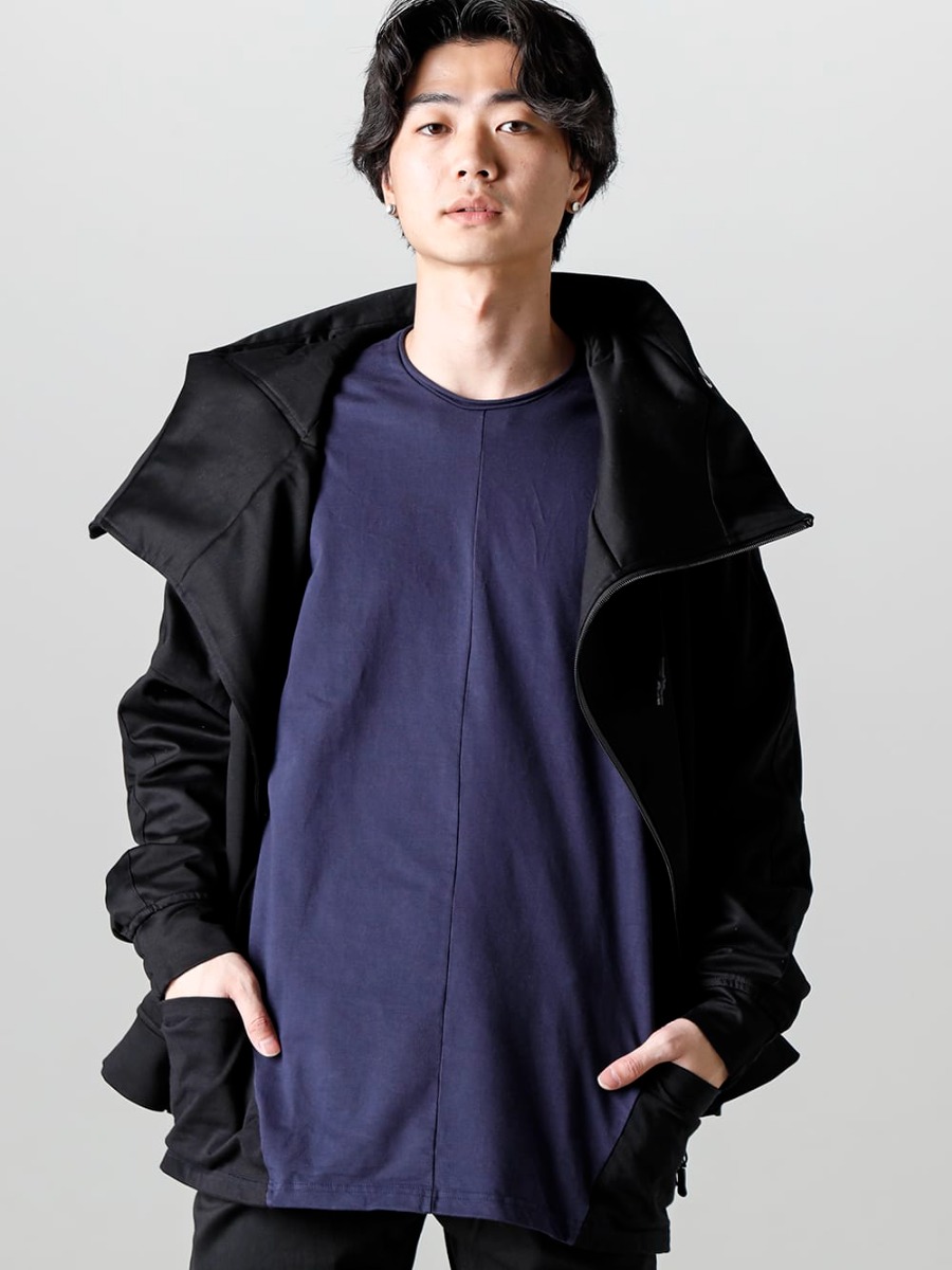 RIPVANWINKLE 2023SS Bicolored Dolman L/S with a fresh impression in two colors from the side  - RW-513 - Line Wrap Hoodie - RW-500-Navy × Black - Dolman L/S Navy × Black  2-002