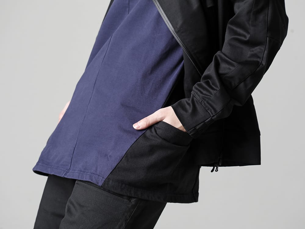 RIPVANWINKLE 2023SS Bicolored Dolman L/S with a fresh impression in two colors from the side  - RW-513 - Line Wrap Hoodie - RW-500-Navy × Black - Dolman L/S Navy × Black  2-005