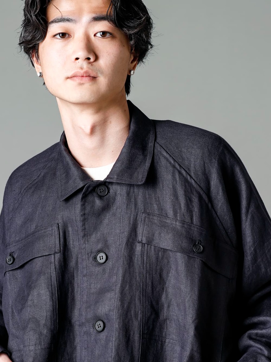 O PROJECT 23SS Super lightweight, comfortable linen denim jacket  - O15JKT1-DK-GREY Denim Jacket Dark Grey Dense Herringbone O15SW1-KINARI Crew Neck Sweatshirt Kinari 2-002