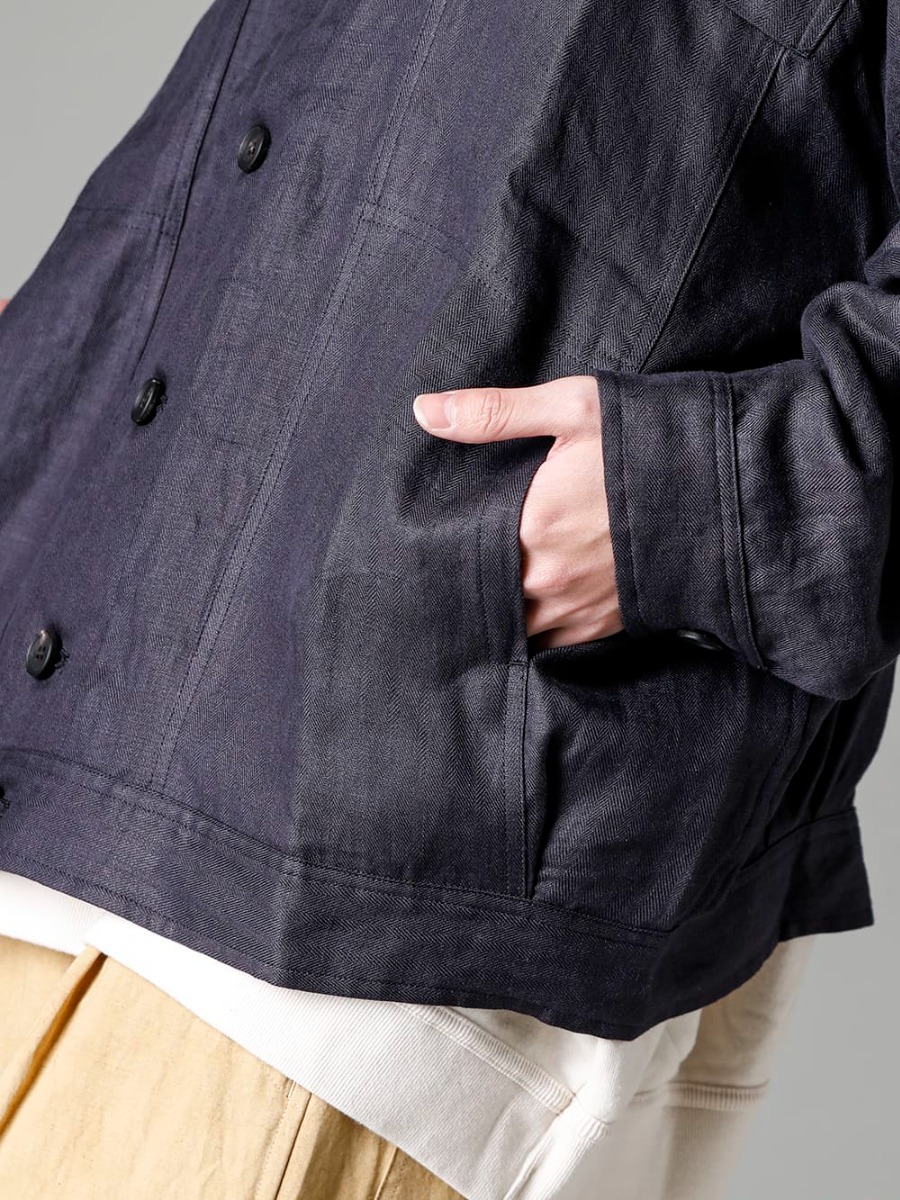 O PROJECT 23SS Super lightweight, comfortable linen denim jacket  - O15JKT1-DK-GREY Denim Jacket Dark Grey Dense Herringbone O15SW1-KINARI Crew Neck Sweatshirt Kinari 2-003