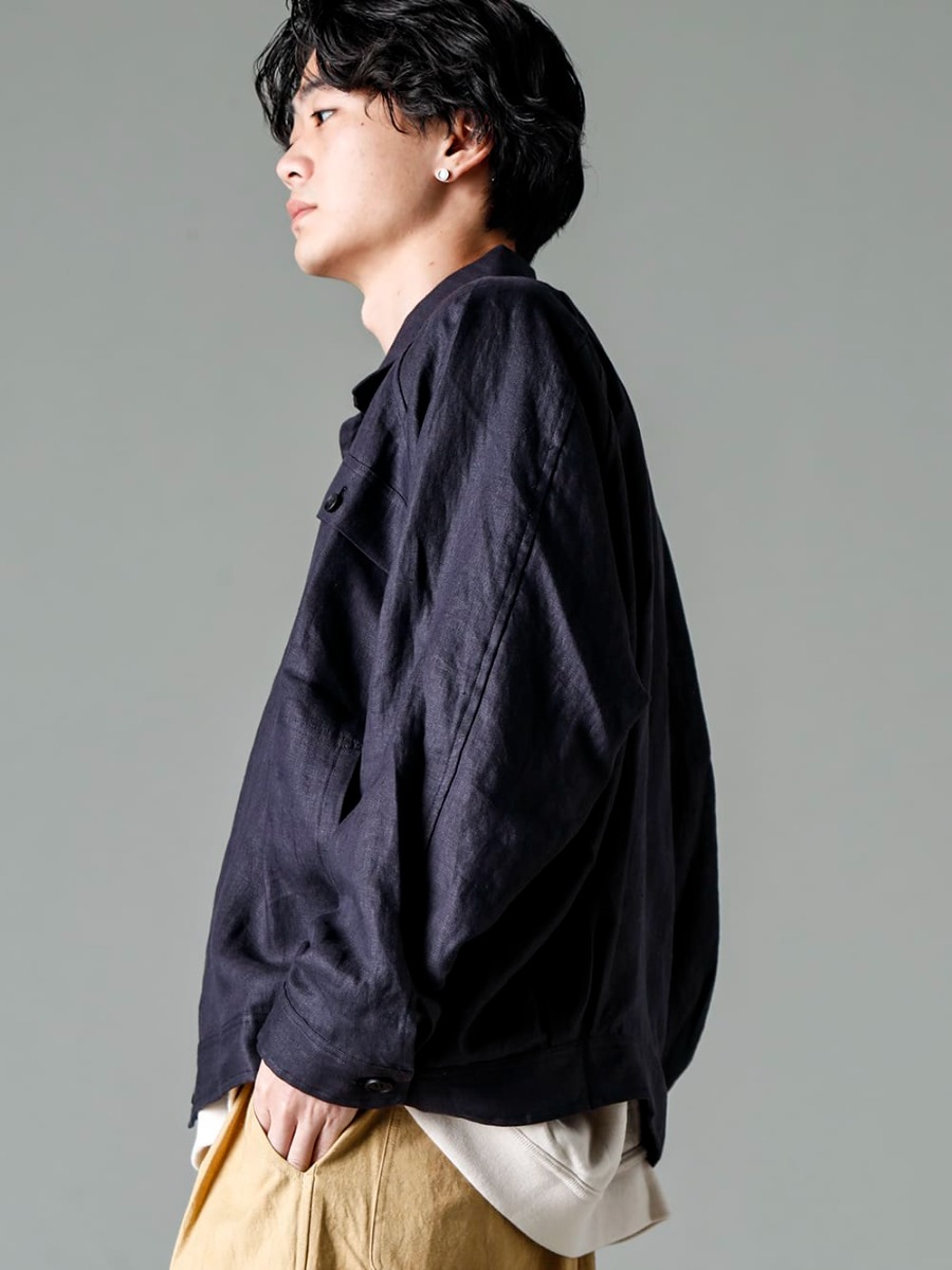 O PROJECT 23SS Super lightweight, comfortable linen denim jacket  - O15JKT1-DK-GREY Denim Jacket Dark Grey Dense Herringbone O15SW1-KINARI Crew Neck Sweatshirt Kinari 2-004