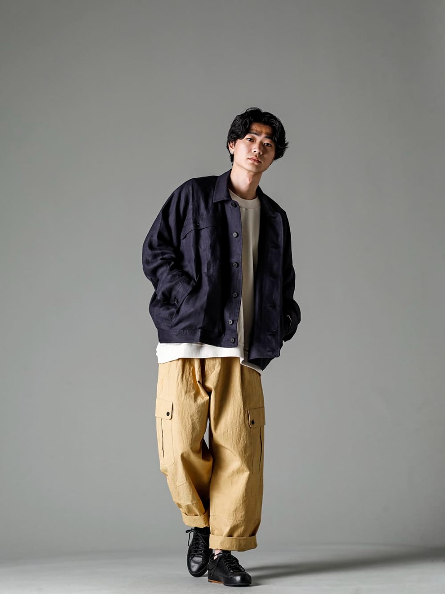 O PROJECT 23SS FEIT sneakers add a touch of luxury to casual colour styles. -  O15JKT1-DK-GREY Denim Jacket Dark Grey Dense Herringbone O15SW1-KINARI Crew Neck Sweatshirt Kinari O15TR3-MUSTARD Cargo Trousers Mustard Fine Canvas Handsewn-Classic-Lo 3-008