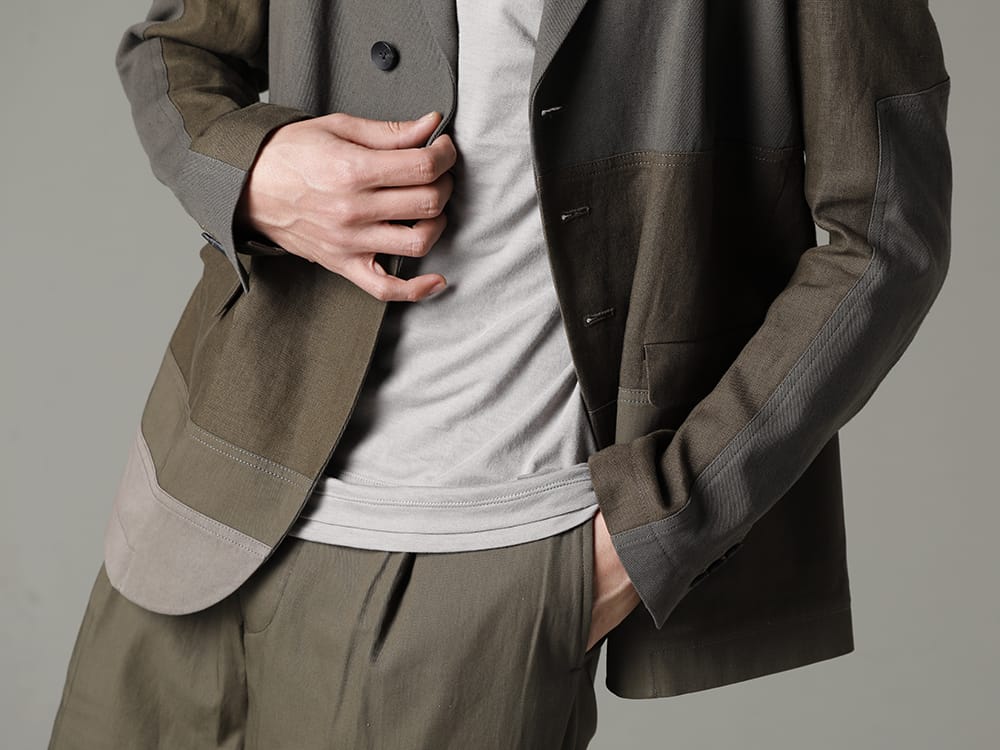 The Viridi-anne 2023SS - Details that show the originality of the brand - VI-3566-06-Dark-Olive(Fragment Blazer Dark Olive) VI-3613-01-Light-Gray(Double Layerd T-Shirt Light Gray) - 2-010