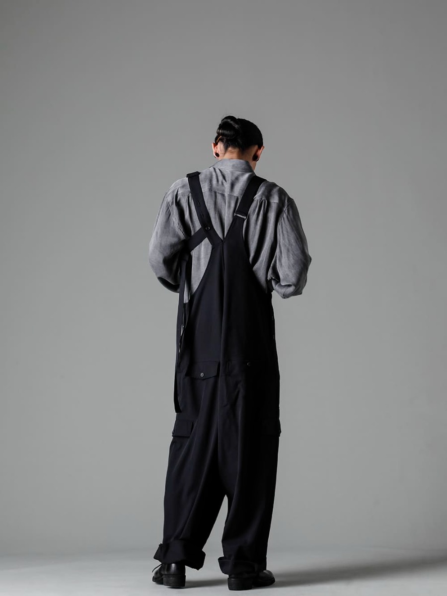 Yohji Yamamoto 23SS Unique coloring and asymmetrical design  - HZ-D06-100 Changing Suspender Overalls - HZ-B62-216 Asymmetry Spare Collar Blouse - 792Z Classic Derby Shoes Double Sole - Horse Full Grain Leather 3-003