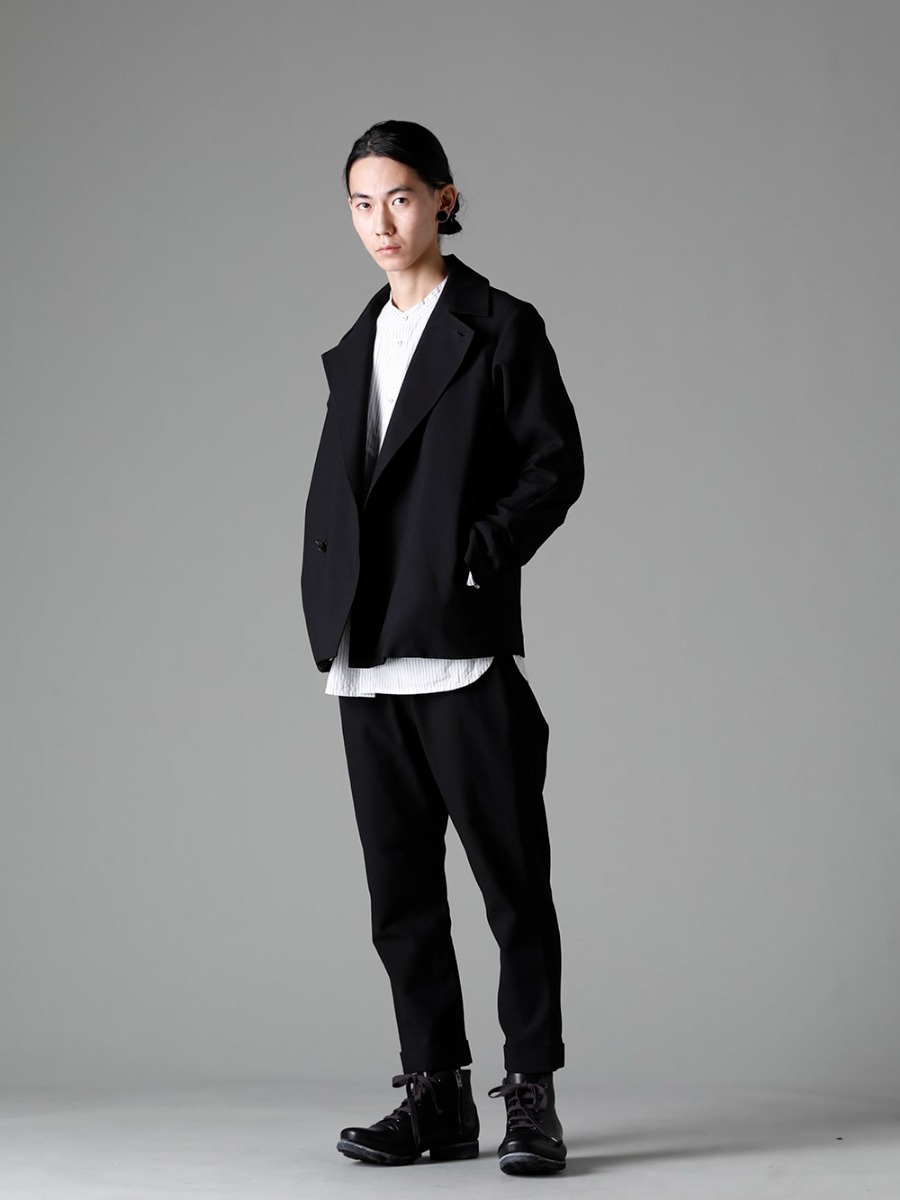 DEVOA(デヴォア) 23SS(春夏) JKI-CJGC ジャケット ハイ デンシティ コットン stand coller shirt スタンドカラーシャツ PTI-CJSC クロップド スリム パンツ ハイ デンシティ コットン FW-CSHS レザーブーツ GUIDI ホースレザー  4-001